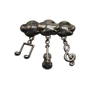 Vintage Silver Tone Musical Cloud Pin With Treble Clef Note & Violin Charms
